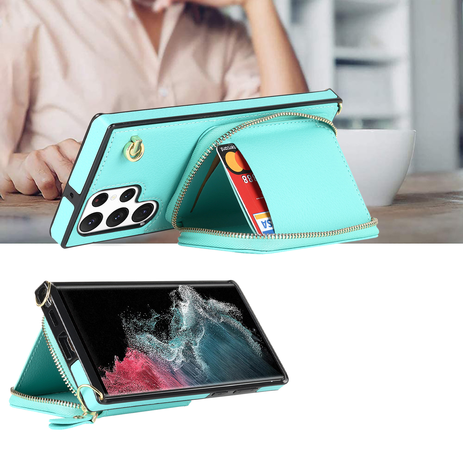 Samsung Galaxy S23 Ultra 5G Necklace Leder Schutz Hülle mit Kartenfächer   Handykette (140cm) - Türkis