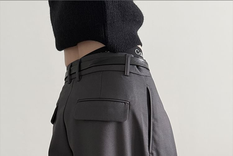 Nahagin - Hoge taille effen omgekeerde geplooide wijde broek