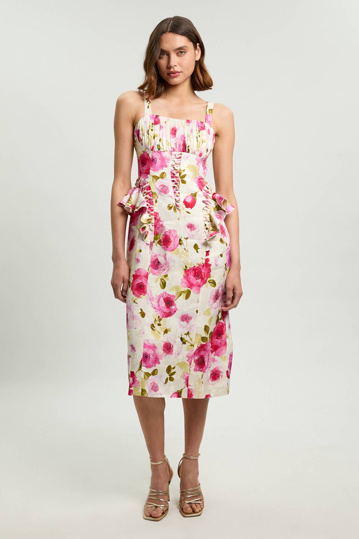 KarenMillen Robe Midi Tissée En Popeline De Coton À Imprimé Floral Dispersé Avec Détails Baleinés Petite