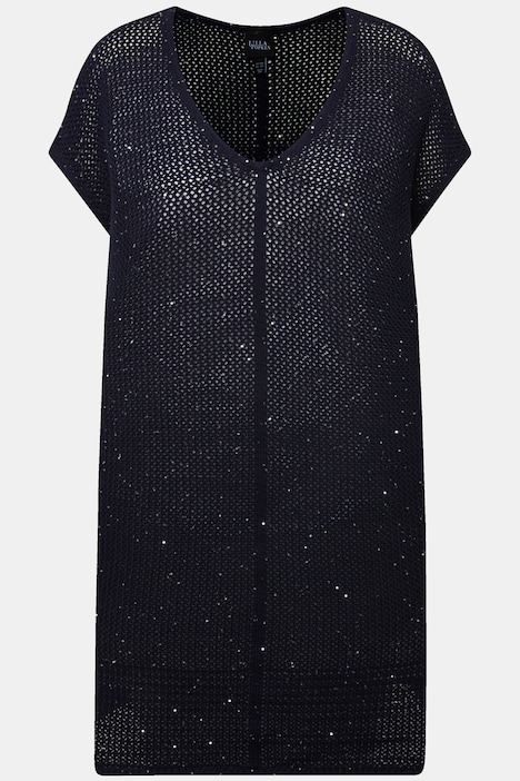 Long-Pullover, Struktur, Pailletten, Rundhals, Halbarm