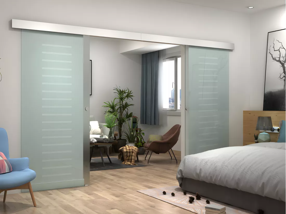 Porte coulissante double avec système en applique - 2 x H205 x L83 cm - Verre trempé dépoli - ASTANA