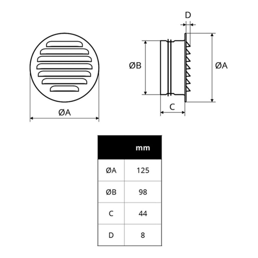 VENTILASJONSRIST FLEXIT RUND STÅL Ø100MM