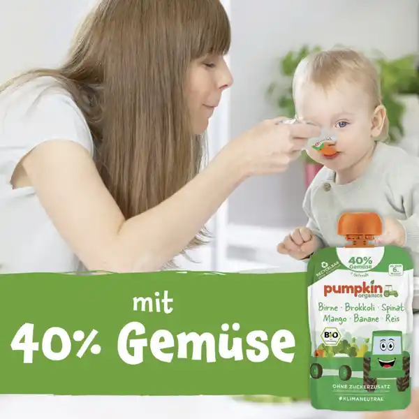 Bio Quetschie mit Birne, Brokkoli, Spinat, Mango, Banane & Reis