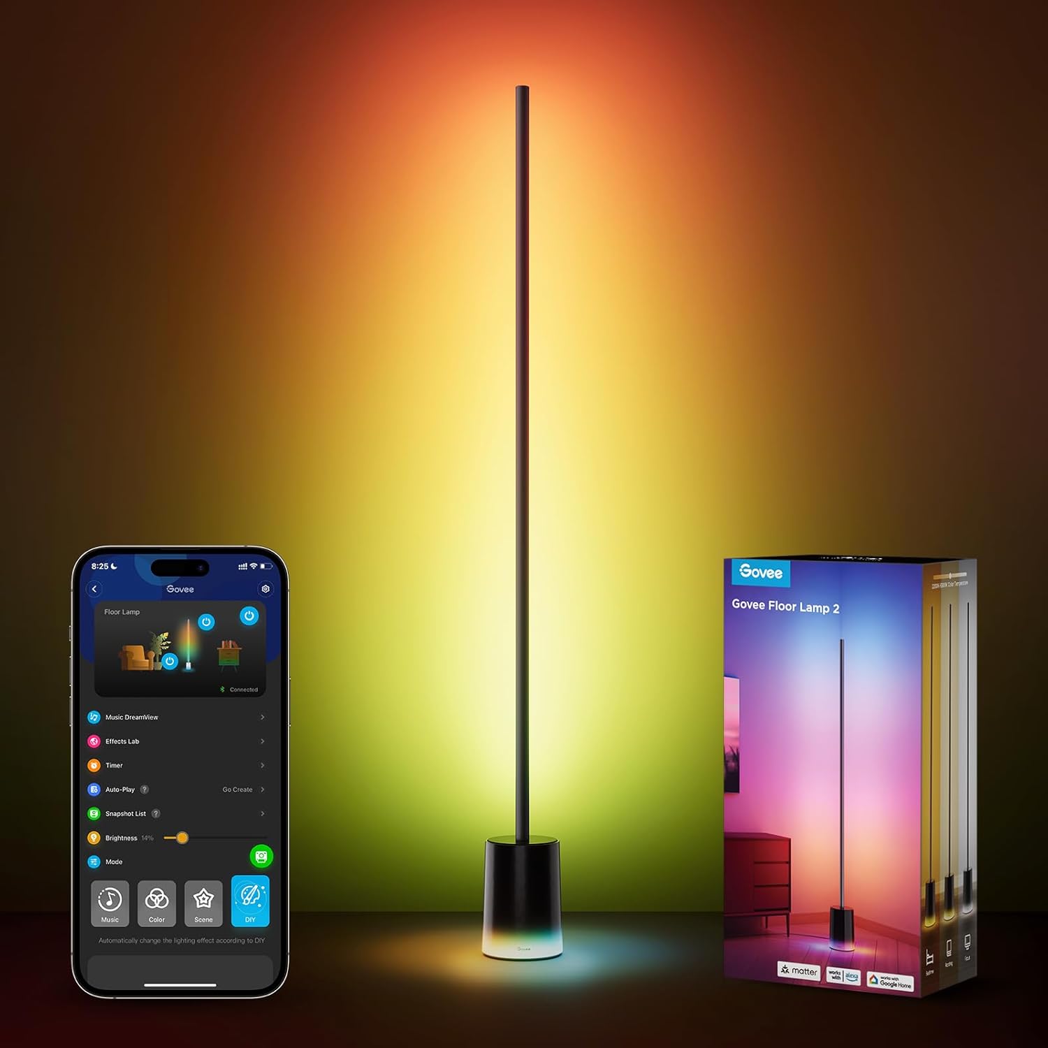 Govee LED Stehlampe Dimmbar RGBIC, 1725LM Stehlampe Wohnzimmer Arbeiten mit Matter,152cm RGBIC Moderne Schwarz,16 Millionen Farben Szenenmodi, Musikmodus für Deko Schlafzimmer Spielzimmer
