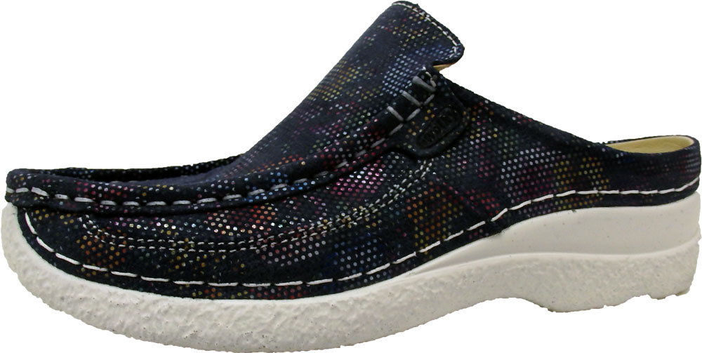 Wolky Pantoffel Roll Slide Suede Blumen blau