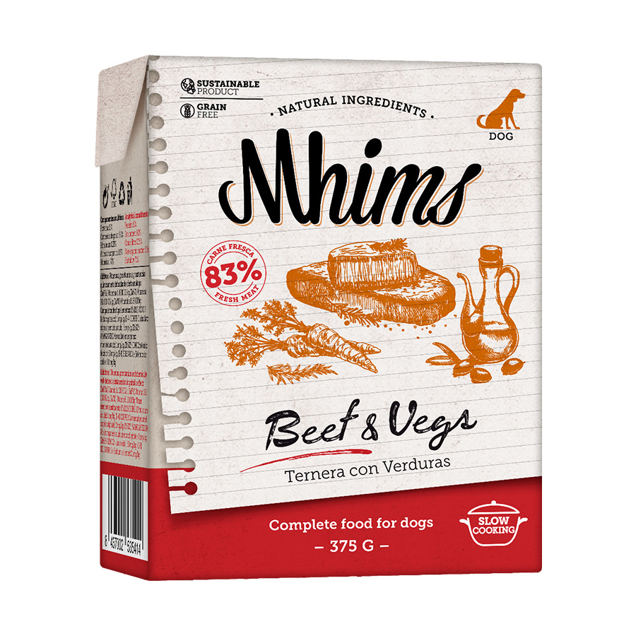Ração Mhims em formato de tijolos, com carne bovina e vegetais, para cães.