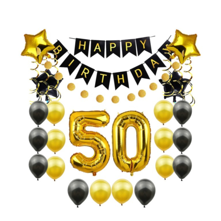 (85-tlg. Set) Happy Birthday Girlande 50. Geburtstag Party Deko   Latex- und Folienballons / Spiralengirlande - Gold / Schwarz