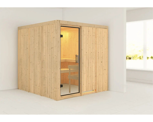 Karibu Rodina modulaire sauna zonder oven, zonder dakrand, met volledig glazen deur van helder glas