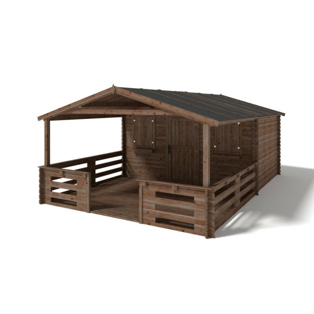 Abri de jardin en bois - 4x3 m - 24 m2 + terrasse avec balustrade et avant-toit en bois - traité
