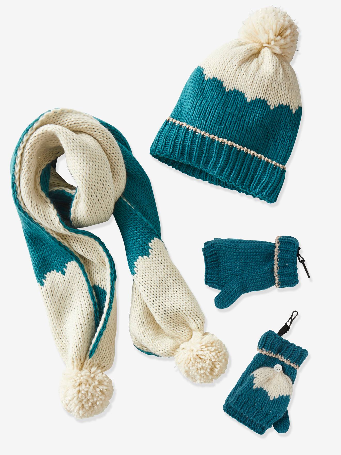 Conjunto de gorro, cachecol e luvas para menina, azul médio liso com estampas, certificado Oeko Tex®.