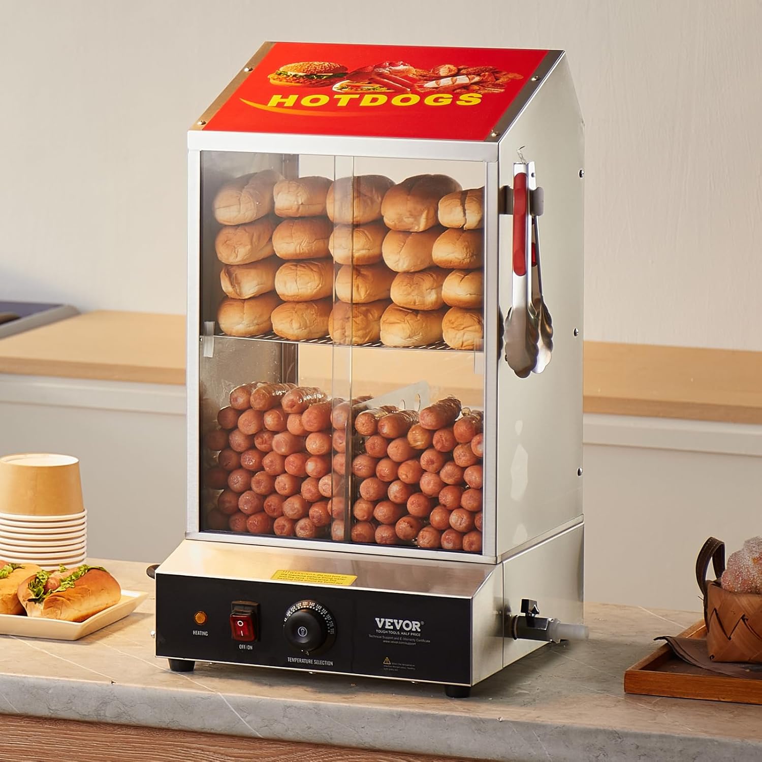 VEVOR Hot Dog Dampfgarer, 37L, 2-stufiger Hot Dog Hütten-Dampfgarer, 30℃~85℃ Temperaturregelung, elektrischer Brötchenwärmer mit Schiebetüren aus gehärtetem Glas, Trennplattenzange
