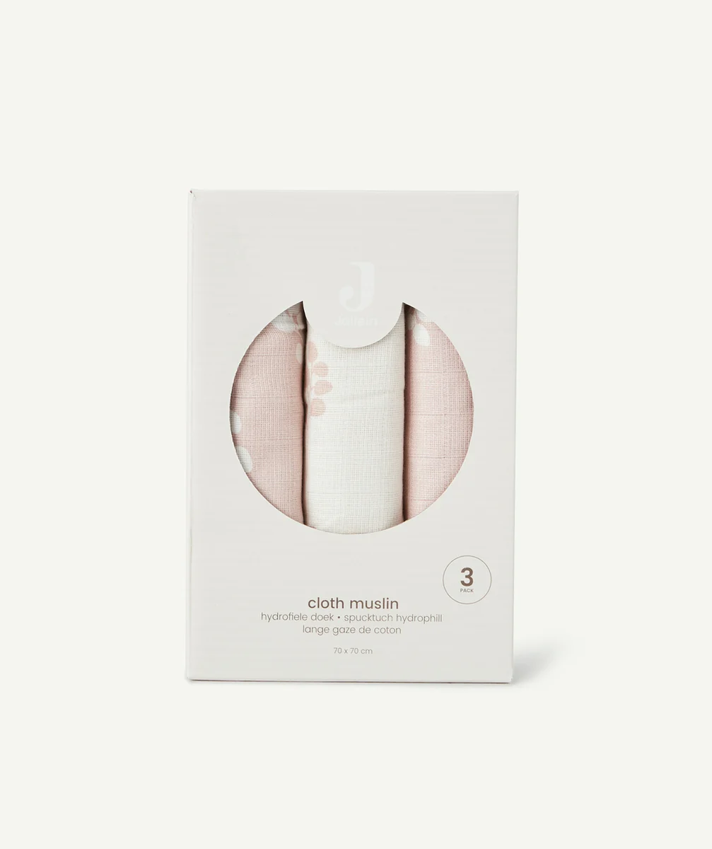 JOLLEINLOT DE 3 LANGES 70x70CM EN GAZE DE COTON IMPRIMÉ ROSE SAUVAGE