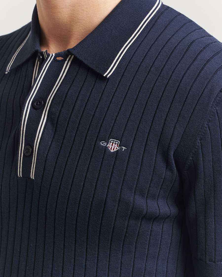GANT Ribbed Cotton Knitted Polo Evening Blue