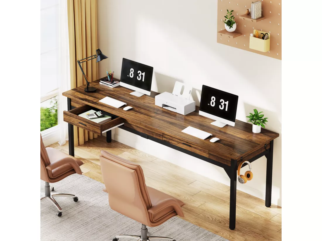 Bureau Informatique, Table d’étude, Double Bureau Long avec 2 Schubladen, 200 x 60 x 82 cm, Marron Rustique