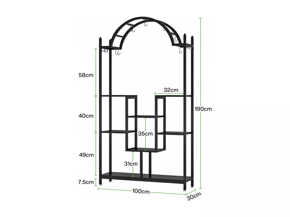 Support pour plantes d'intérieur à 5 niveaux, 190 cm, Étagère pour plantes en métal avec 8 crochets en S,Noir