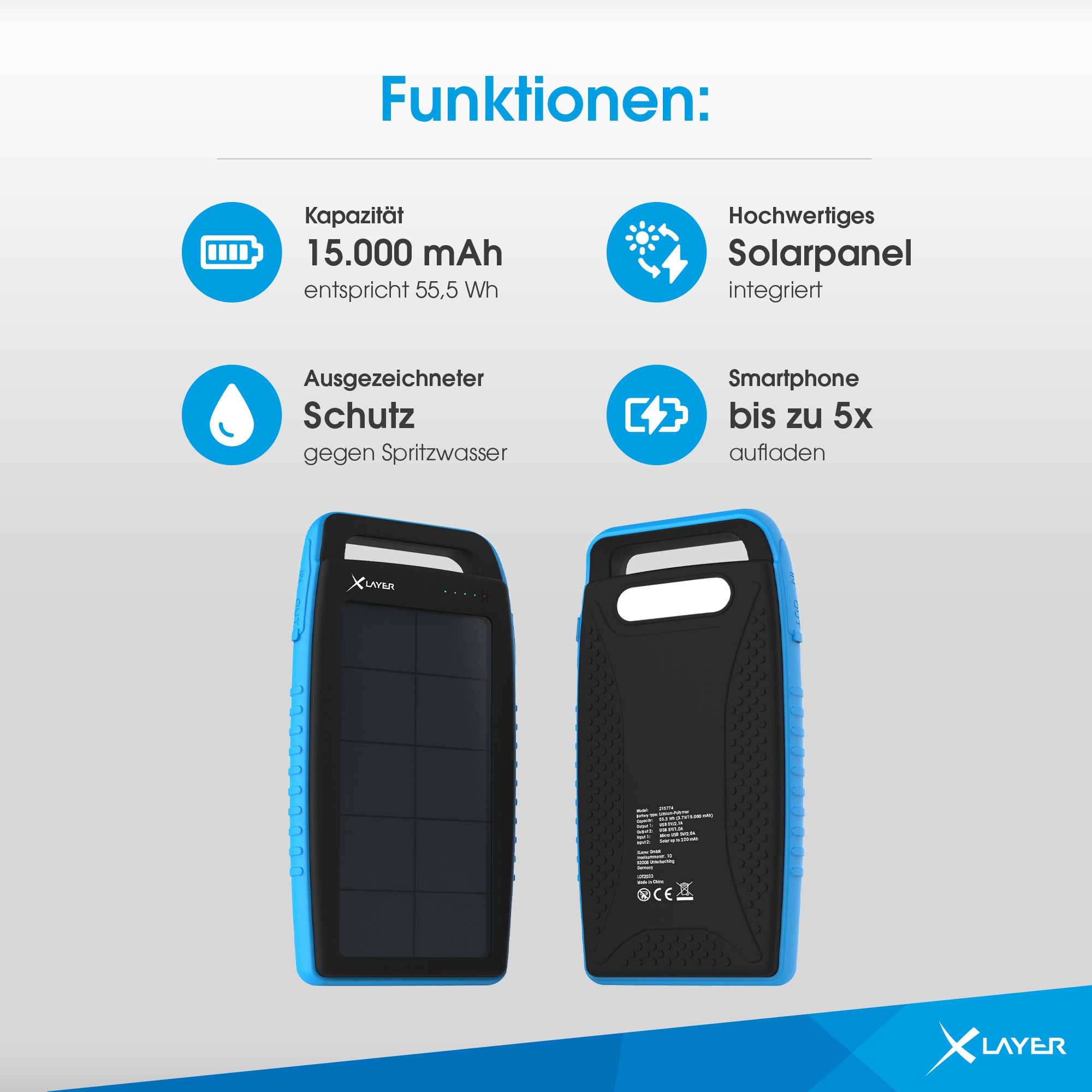 Xlayer POWERBANKS Solar Power Bank I 15000mAh I Camping I Outdoor Ladegerät
