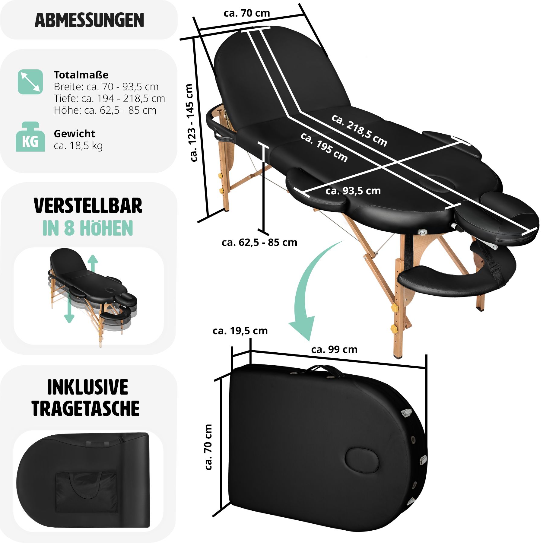 tectake® 3 Zonen Massageliege, oval, Polsterung 5 cm, mit Holzgestell, verstellbare Ablagen für Kopf und Arme, 230 x 104 x 62,5 - 85 cm
