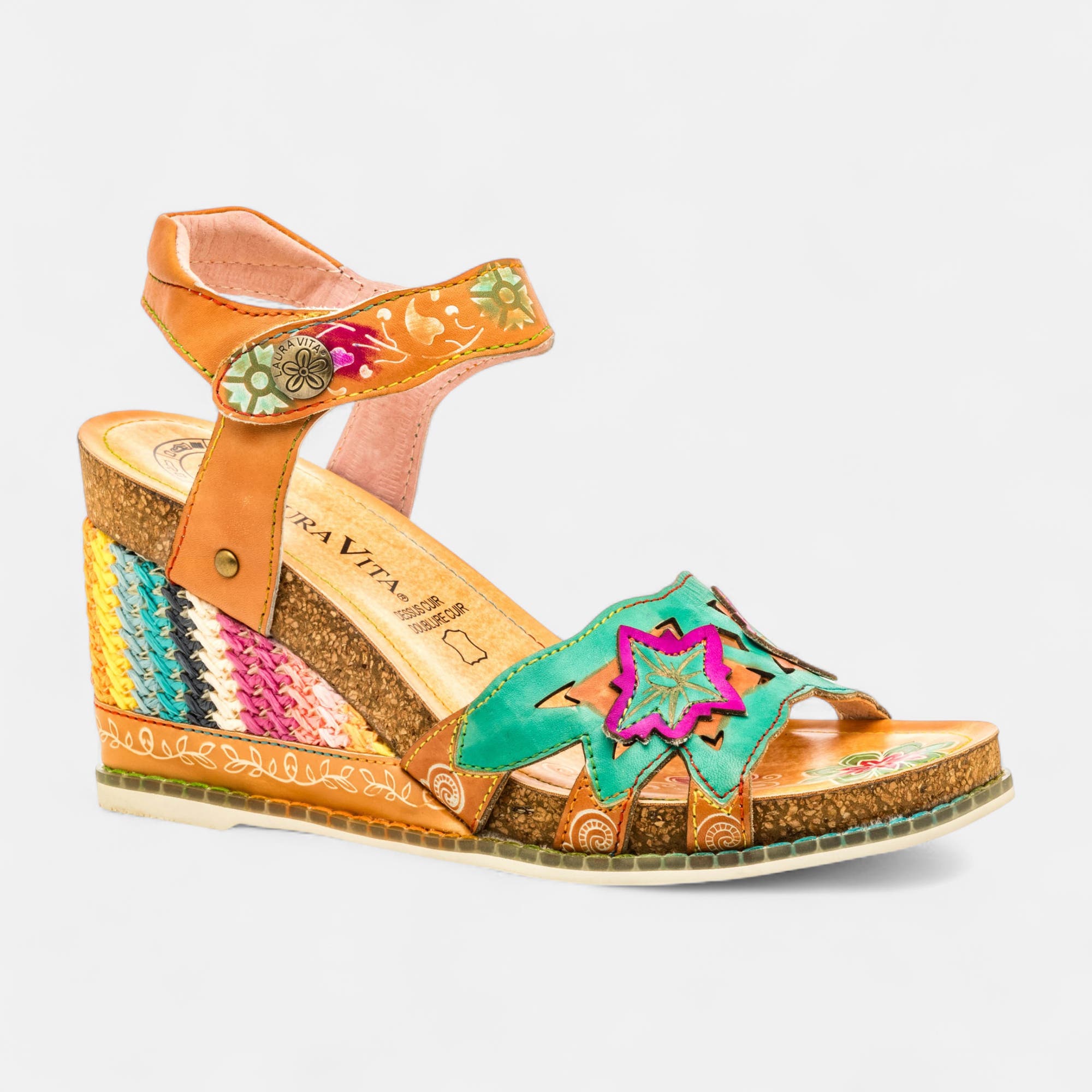 Sandales à talon compensé Femme en cuir vert