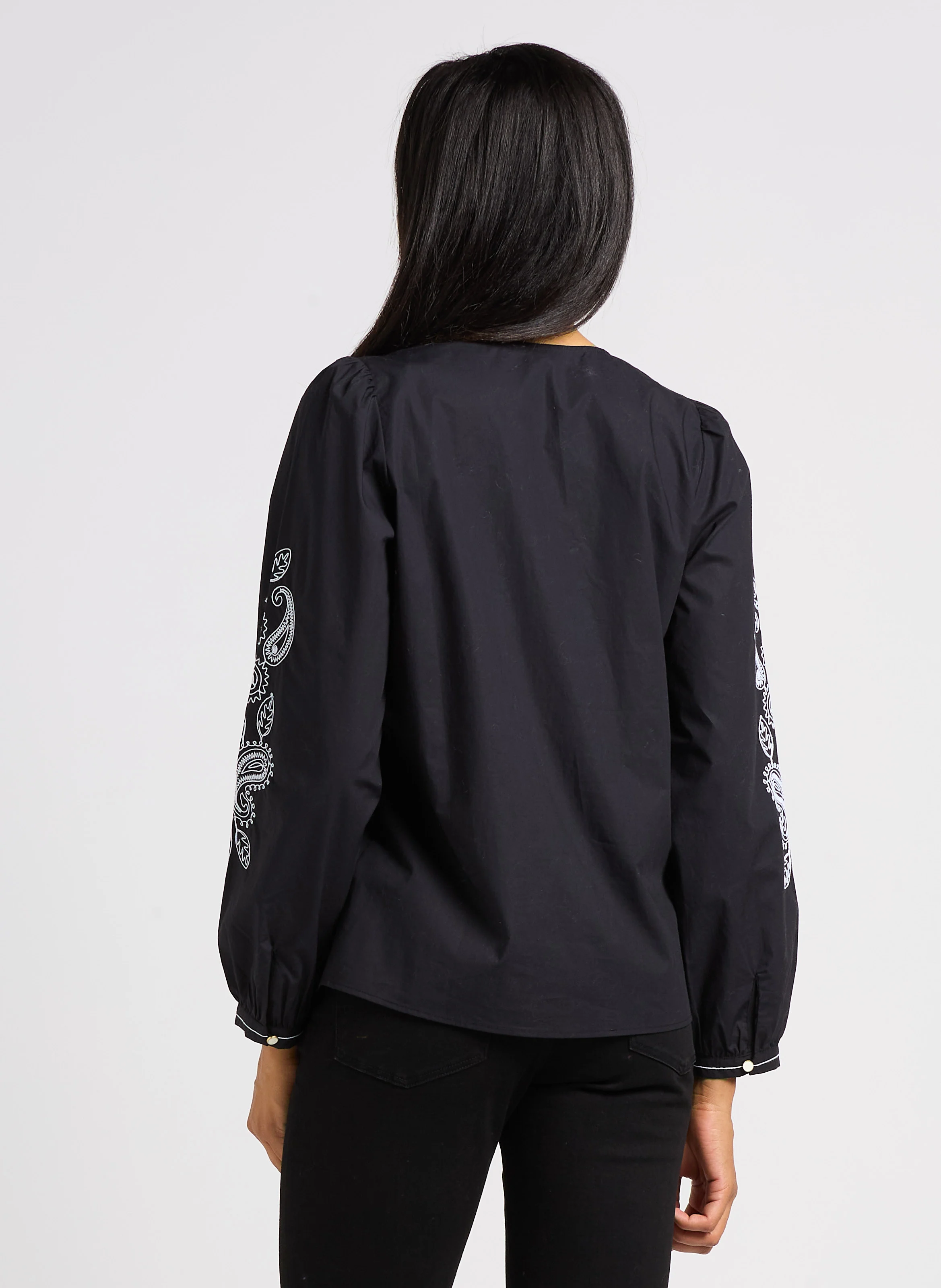 Chemise droite col V en coton | Noir