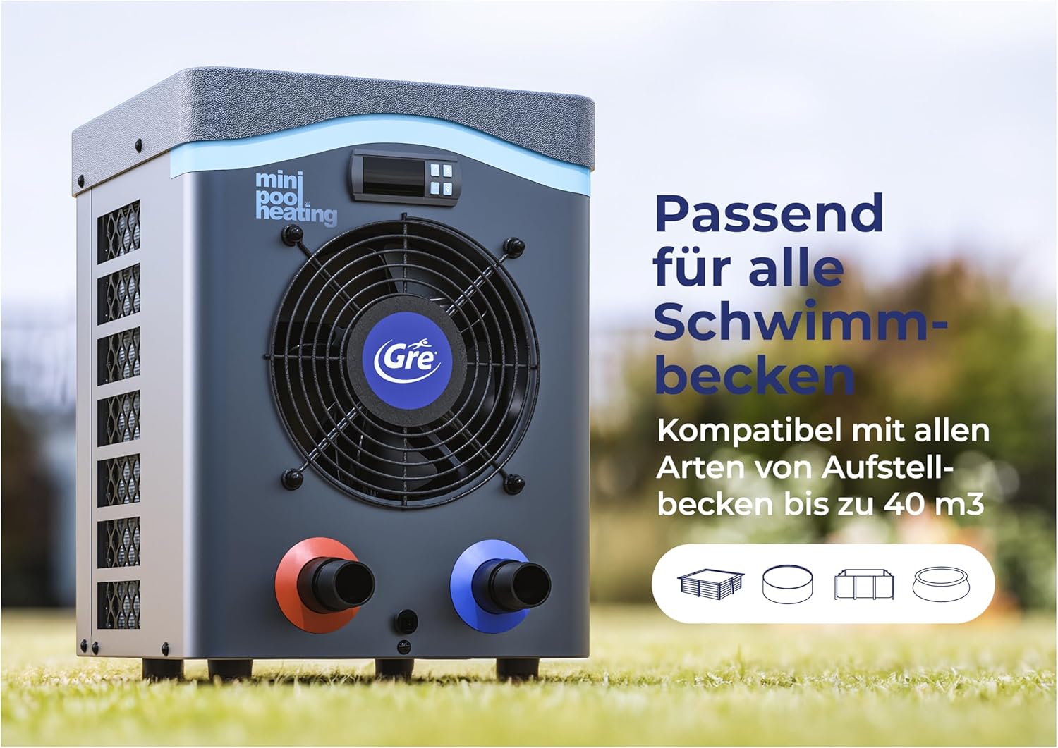 Gre HPM30 - Mini-Wärmepumpe für Aufstellpools bis zu 30 m³, Heizsystem für Aufstellpools, Farbe Grau