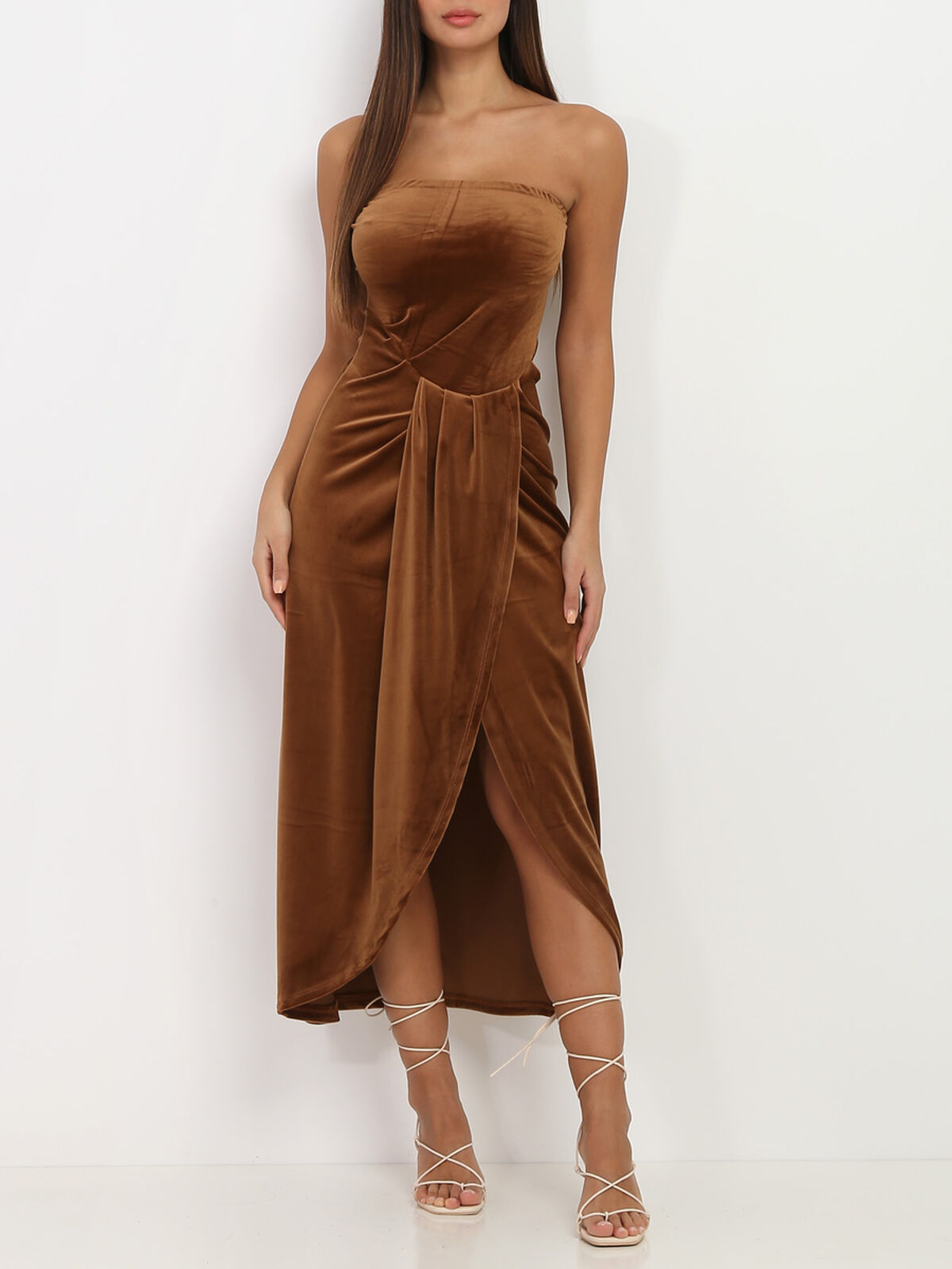 Robe bustier en velours drapé- Camel