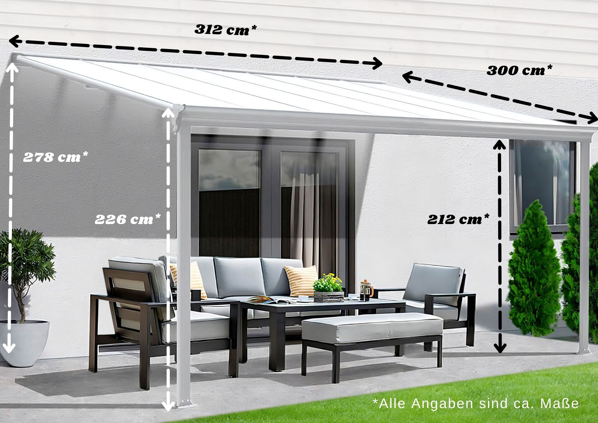 Terrassenüberdachung Aluminium 312 cm als Bausatz Sichtschienen und Hohlkammerplatten Grau