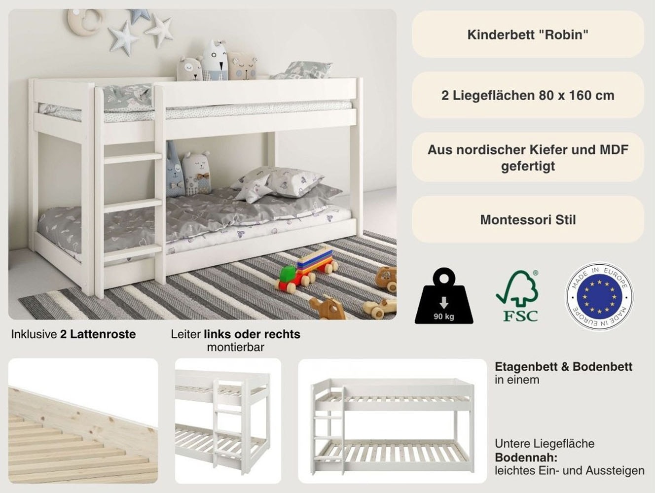 Lüttenhütt Kinderbett »ROBIN ,Bodenbett,Etagenbett,Leiter/Einstieg seitenverkehrt montierbar« 2 Grössen,  Montessori Stil, zertifiziertes Massivholz