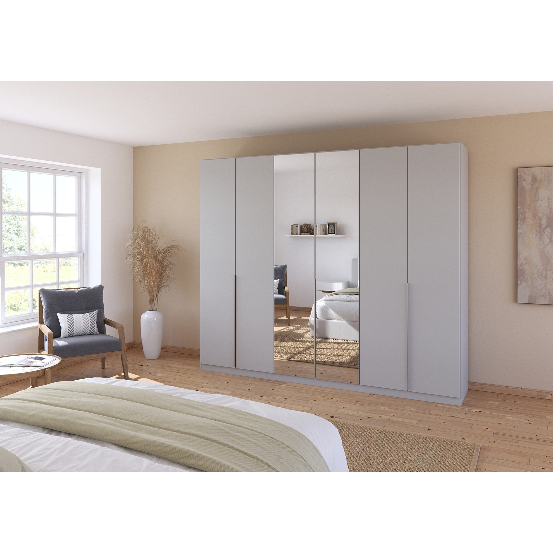 Drehtürenschrank - seidengrau - Kristallglasspiegel - 6-türig - 271x229 cm