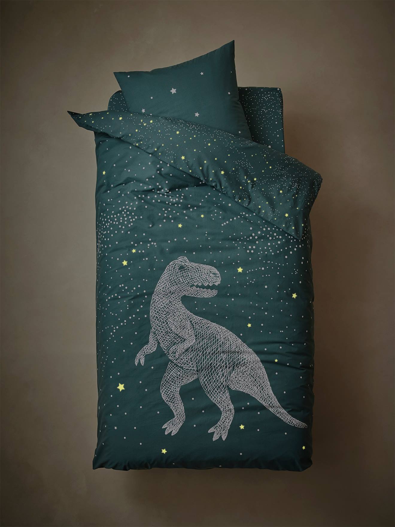 Conjunto de capa de edredom e fronha com detalhes fluorescentes, estampa lisa verde-escura Star T-Rex.