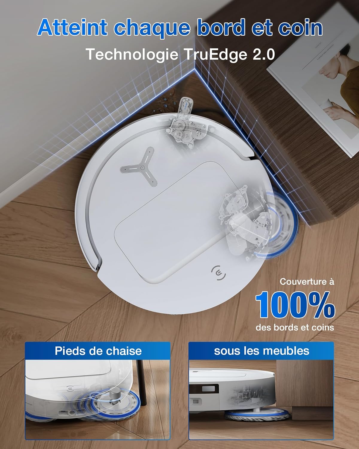 ECOVACS T50 Omni Aspirateur Robot avec Station, Puissance 15000Pa (amélioré par T30 Pro Omni), Brosse latérale et serpillière Extensibles, ZeroTangle 2.0, AIVI 3D 2.0, Lavage à l'eau Chaude 75℃,Blanc
