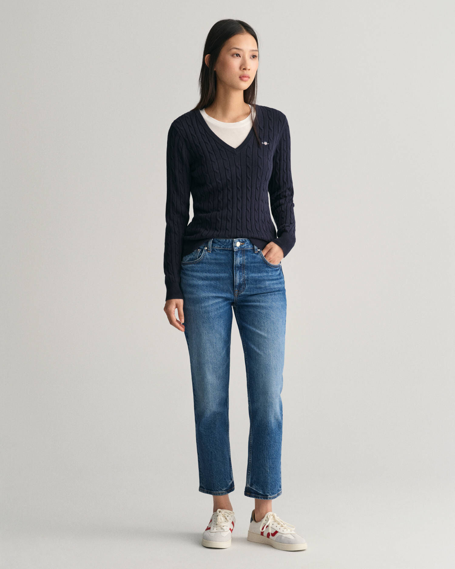 Gant| Damen Strickpullover STRETCH COTTON CABLE V-NECK
