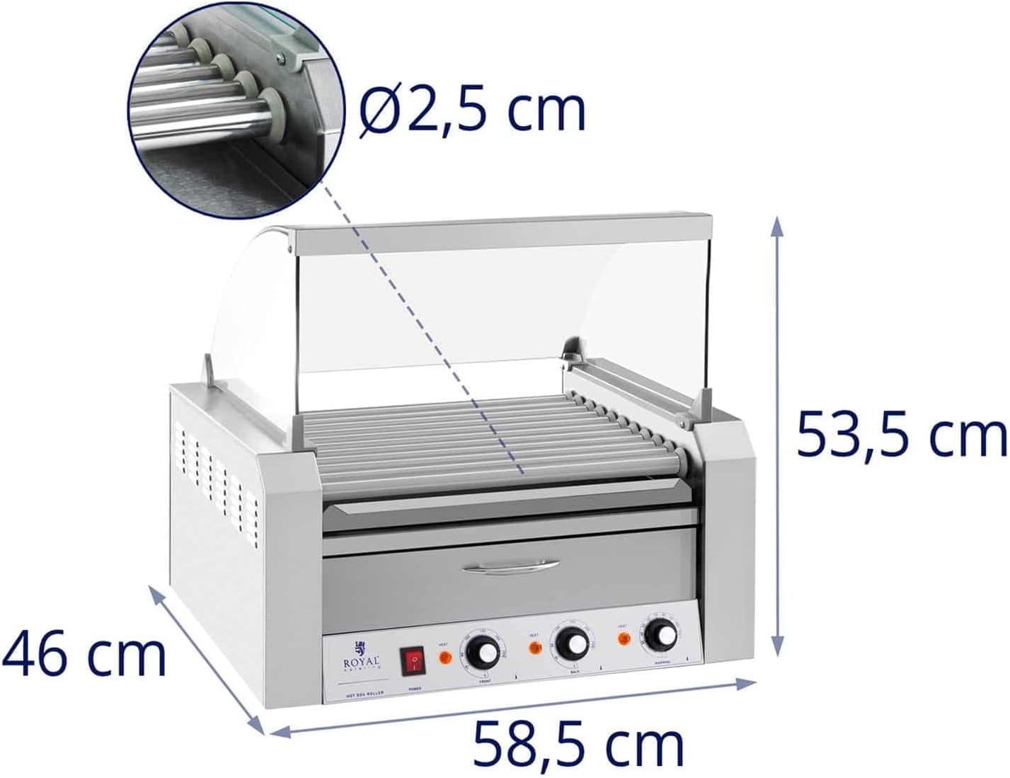 Royal Catering - Hot Dog Grill Hot Dog Maschine (11 Rollen, Edelstahl, 2.150 W, 2 Heizzonen, herausnehmbare Fettauffangschublade, Wärmeschublade, 20 Würstchen, mit Hartglasabdeckung)