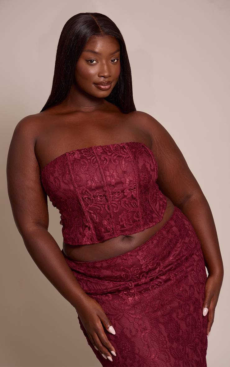 Rouge Vin Top Corset Bandeau À Baleines En Dentelle Grande Taille Coordonné