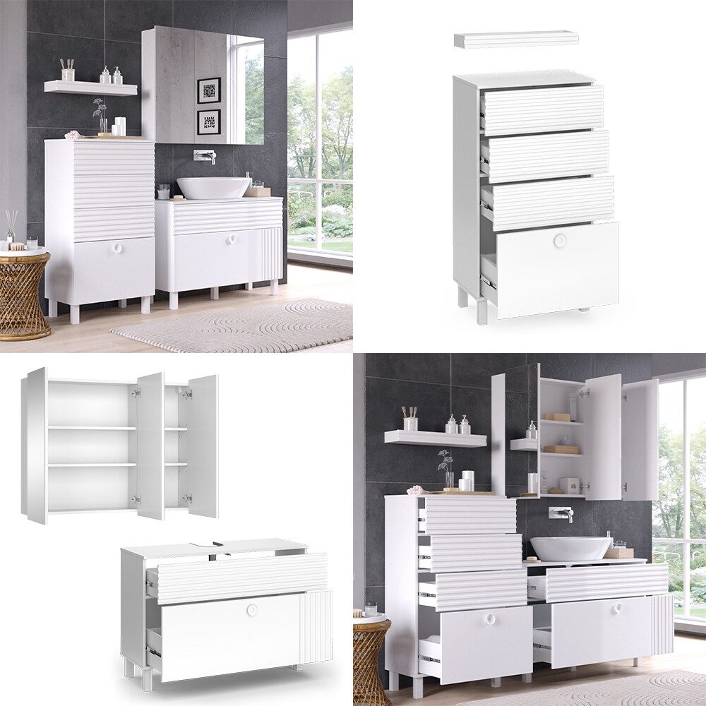Vicco Badmöbel-Set Sola Weiß matt, moderne Serie, Badezimmer, dekorative Front Waschtischunterschrank Spiegelschrank Midischrank