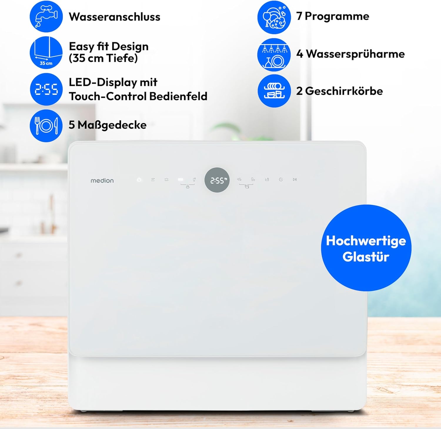 MEDION Mini Geschirrspüler DWT50 (Tischgeschirrspüler, Spülmaschine, 5 Maßgedecke, funktioniert mit Wasseranschluss, 35 cm tief, 7 Reinigungsprogramme, MD 37775) weiß