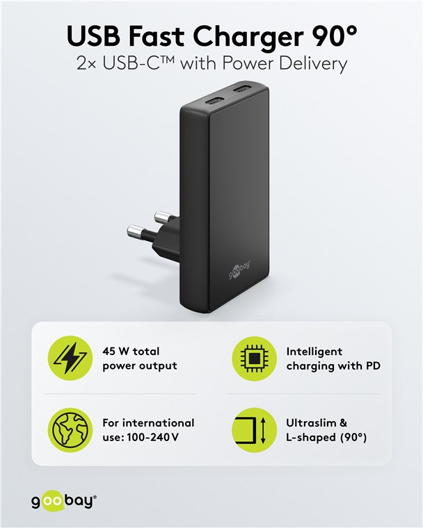 (45W) Dual 90° Flat USB C GaN Ladegerät Netzteil Power Delivery Quick Charge (75721) - Schwarz