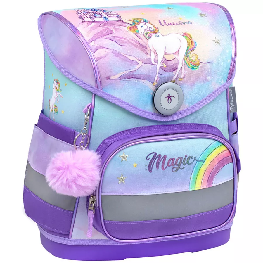 Belmil Schulranzen Compact Schulranzen Set 5-teilig mit Brustgurt Rainbow Unicorn Magic