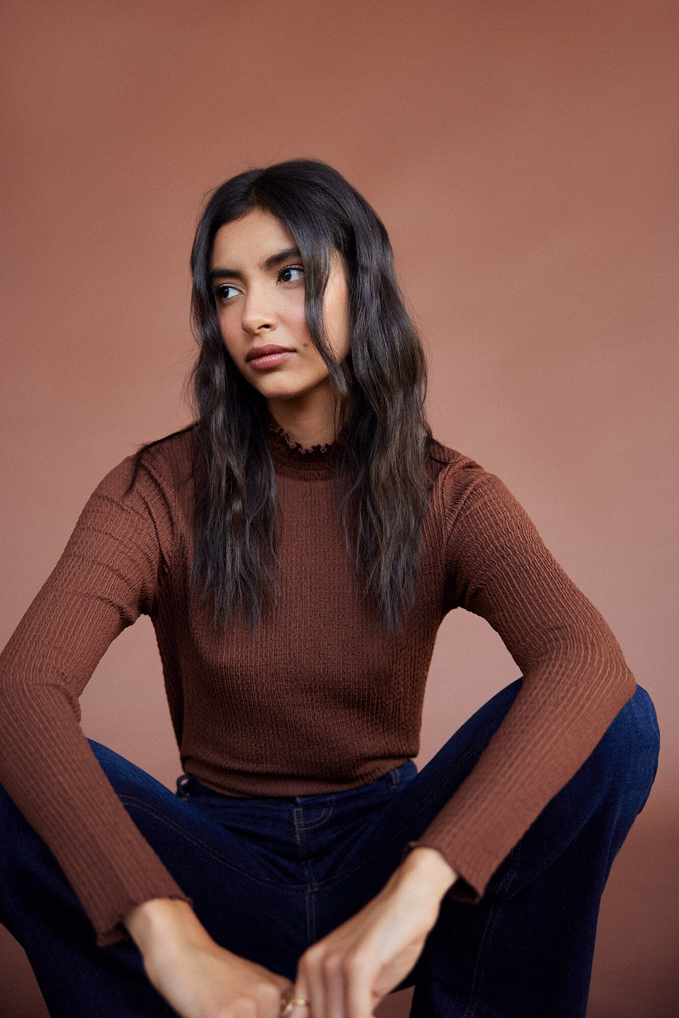 Blusa de tricô com padrão favo de mel. - Camelo