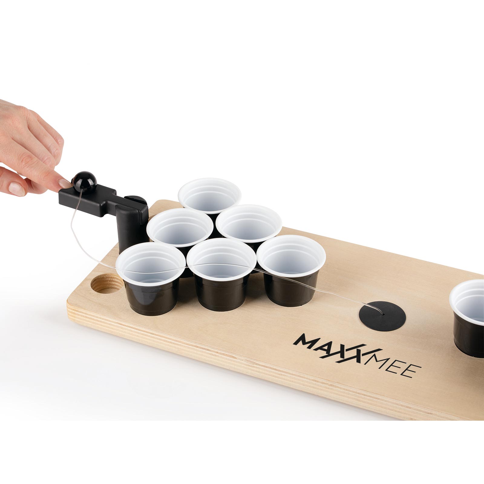 MAXXMEE Tischspiel Bier Pong - holzfarben-schwarz - Holzbrett - Ball mit Seil - 24 Trinkbecher