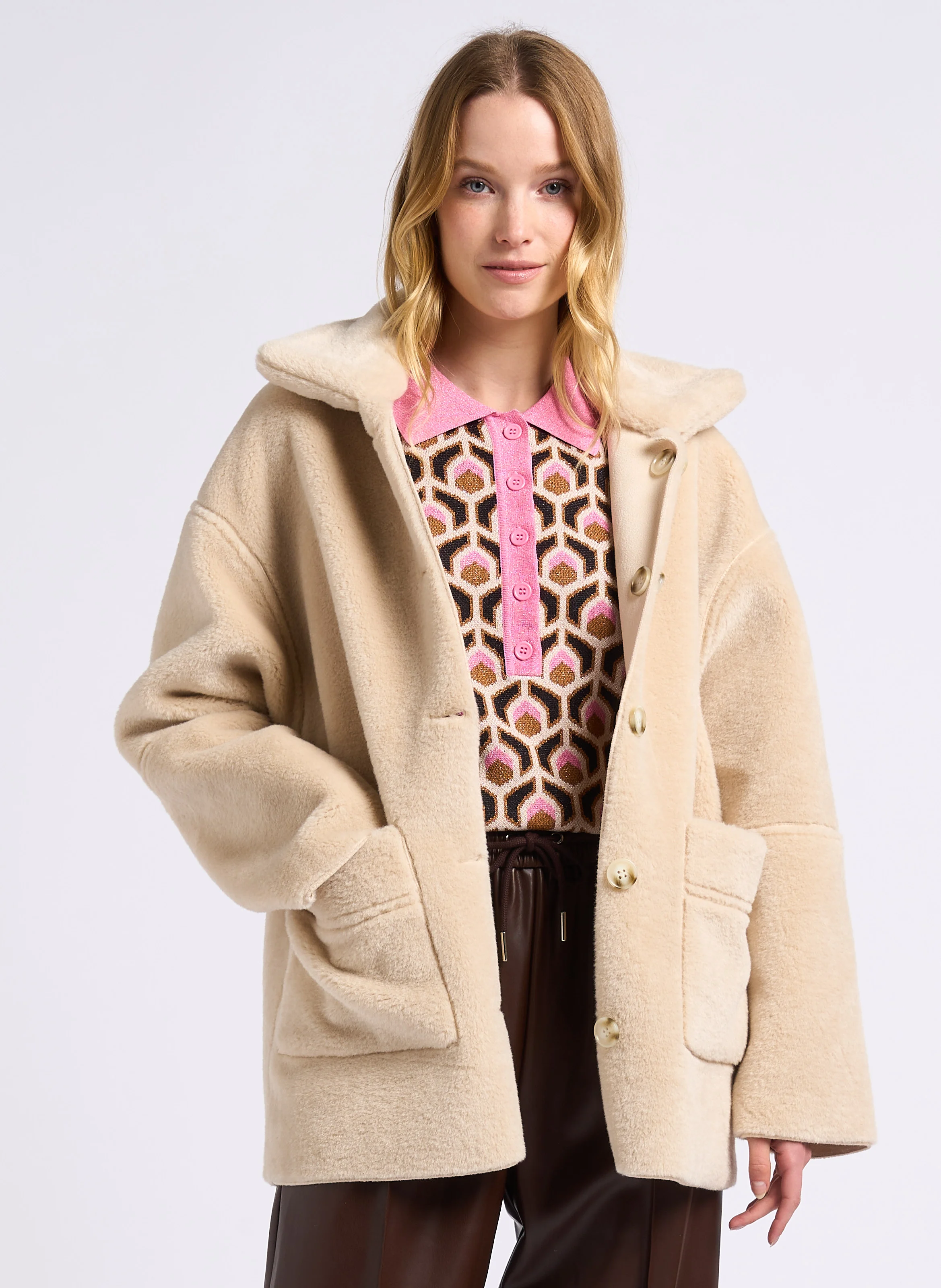 ELHO - Manteau col classique en fausse fourrure | Beige