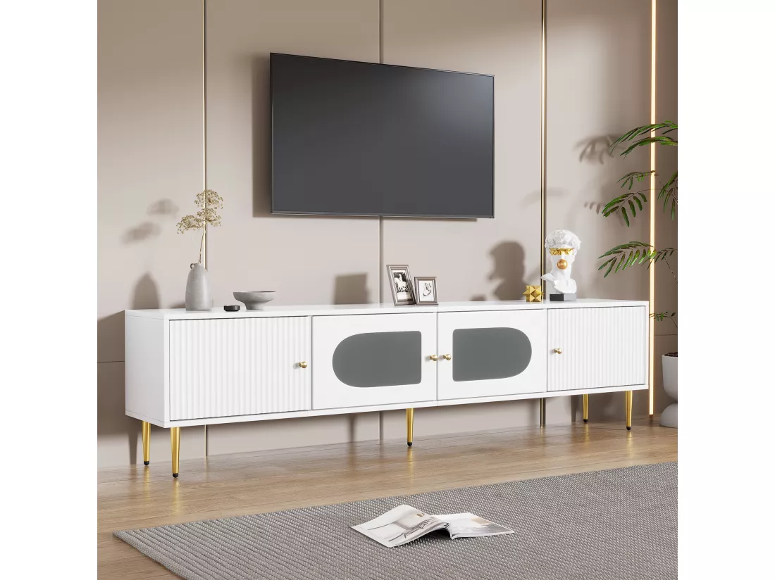 Meuble TV élégant blanc verre courbé avec pieds et poignées dorés 2 portes 170*35*50cm KACCIEN