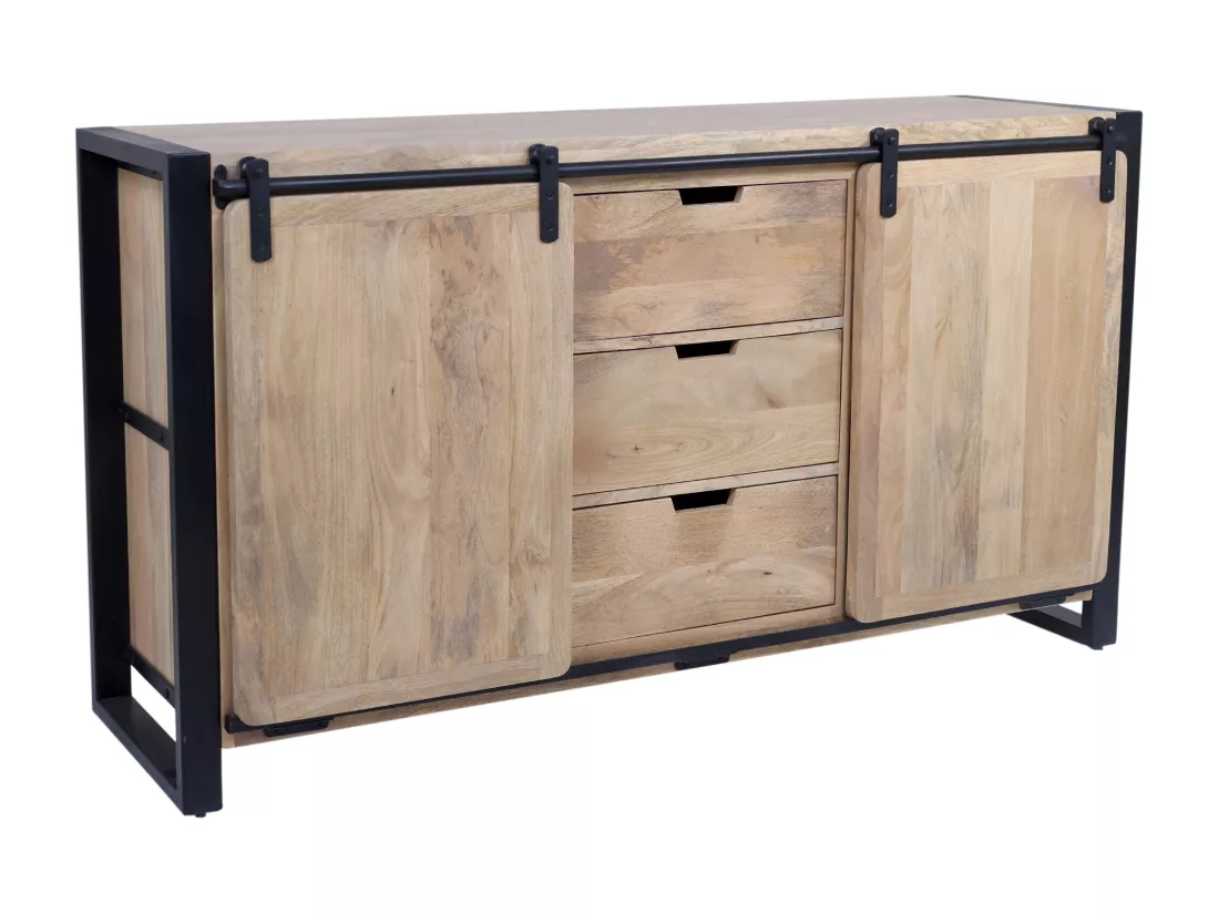 Buffet avec 2 portes et 3 tiroirs en bois de manguier et métal - Naturel et noir - HARLEM II