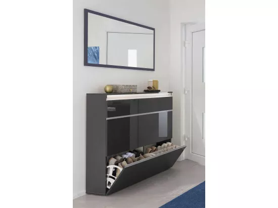 Étagère à chaussures Dlukak, Armoire polyvalente avec 2 portes et 1 porte abattante, Étagère à chaussures d'entrée, 100% Made in Italy, 120x27h108 cm, Anthracite Brillant