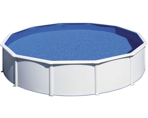 Opbouwzwembadset van staalwand Planet Pool Vision-Pool Classic rond Ø 550x120 cm incl. zandfiltersysteem, ladder, ingebouwde skimmer, filterzand & aansluitslang wit