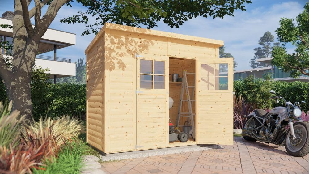 Gartenhaus Alster, Gerätehaus Holz, 251x139x210 cm, Pultdach, inkl. Fußboden, Lagerschuppen Garten, Fahrradschuppen, 3m², 19mm Wand, Naturbelassen