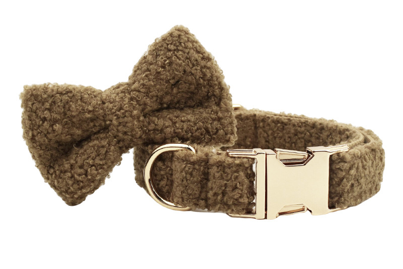 (Gr. S) Hunde Plüsch Fliege Verstellbares Halsband mit Schleife   Abnehmbarer Leine - Braun