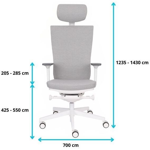 Chaise de bureau ergonomique Marti, tissu, mécanisme synchrone + réglage profondeur d'assise, appui-tête, accoudoirs 3D , piètement roulettes blanc