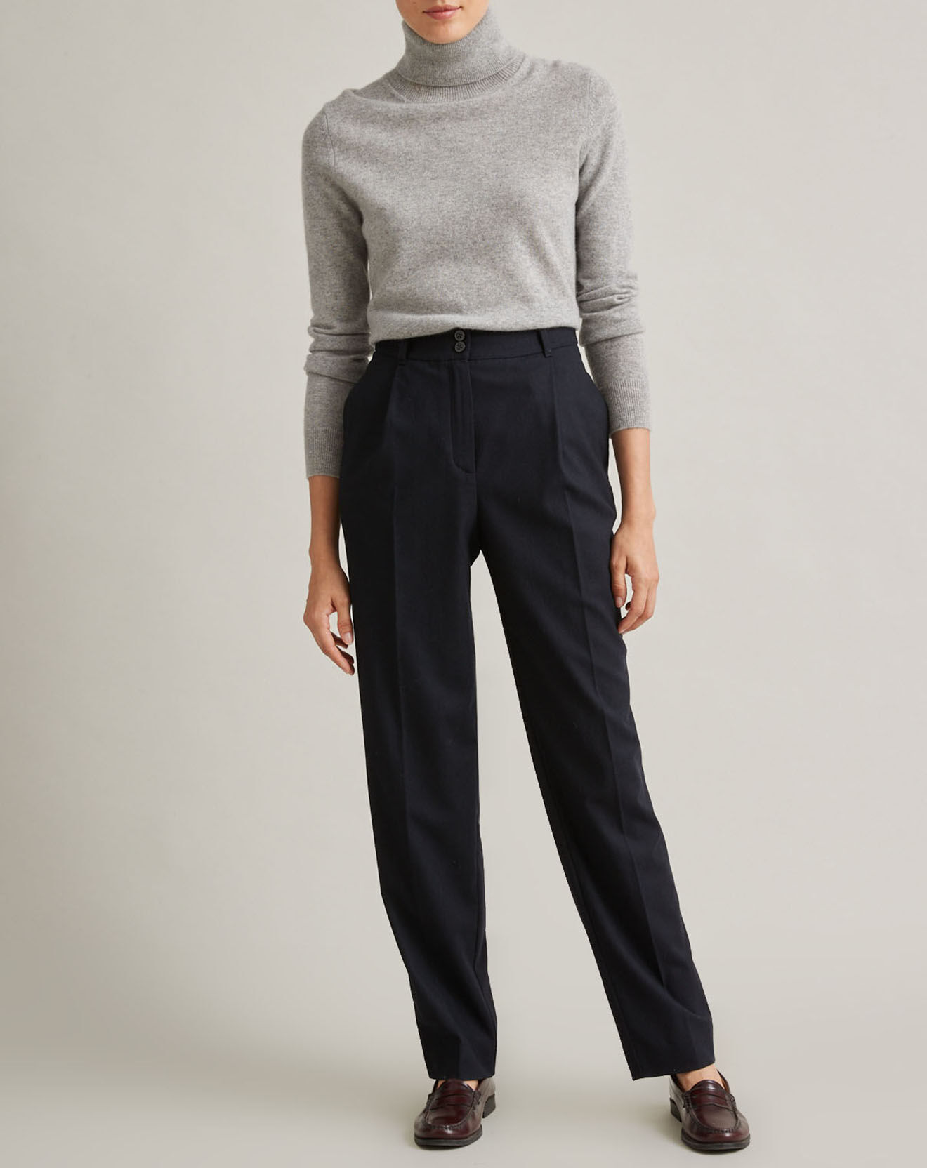Cyrillus Pantalon carotte en Flanelle Laine mélangée bleu foncé