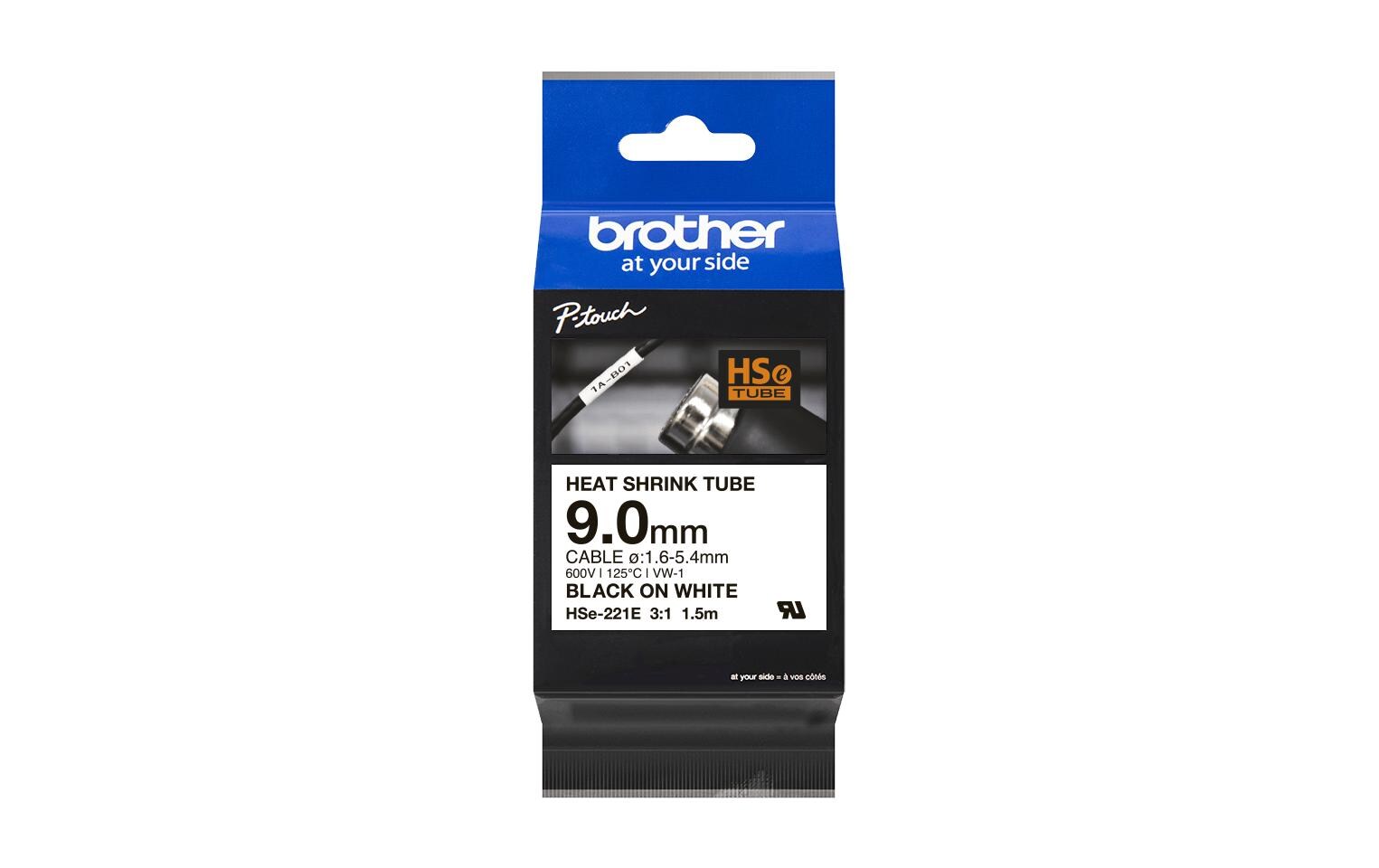 Schrumpfschlauch HSE221E Schwarz auf WeissFarbband für Brother P-Touch-Geräte