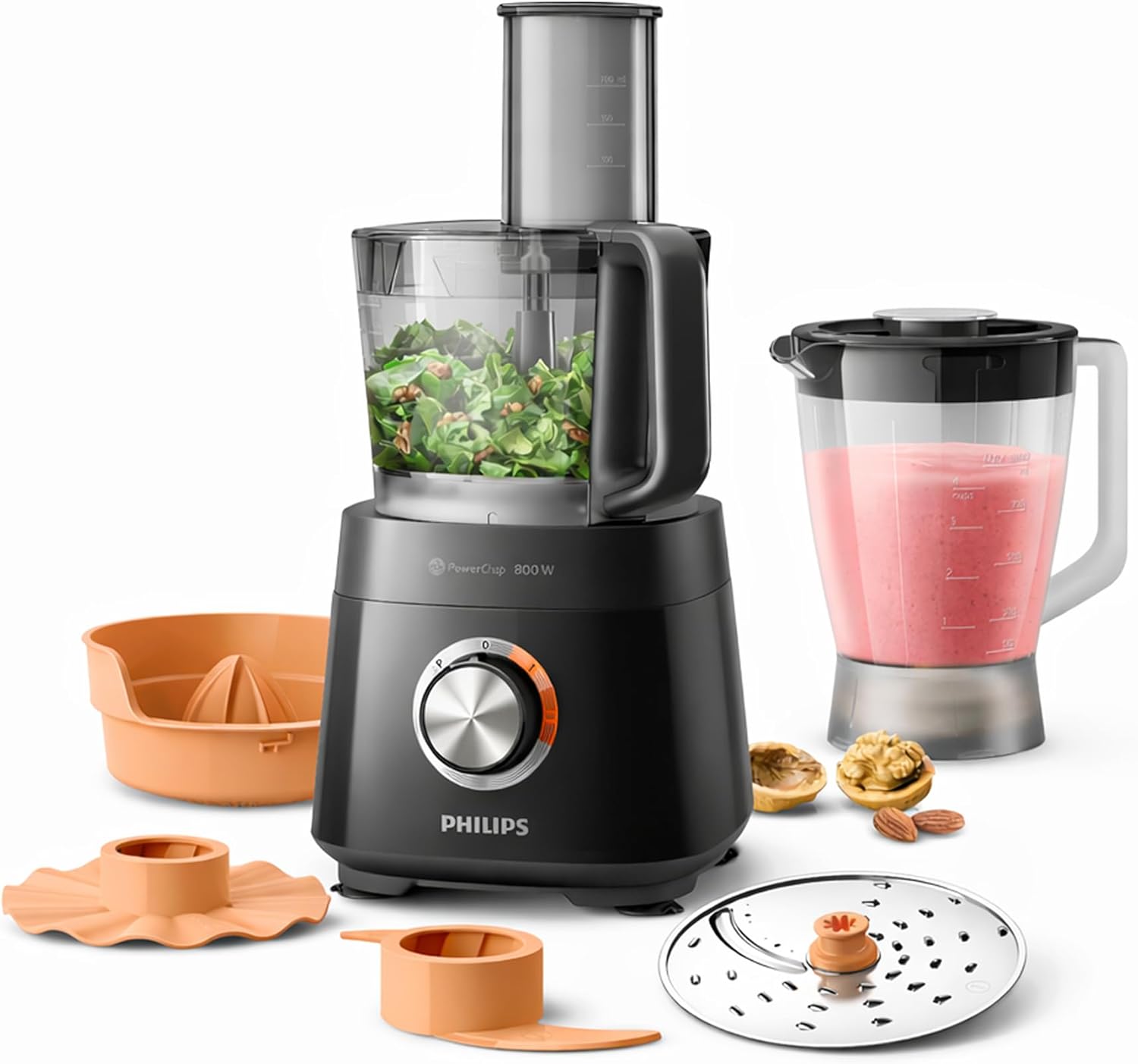 Philips Viva Collection Kompakte Küchenmaschine - Kompakt, 800W Motor, 29 Funktionen, PowerChop, 2-in-1 Scheibe, Zitruspresse, Einfacher Zusammenbau, 1,5L Schüssel (HR7510/10)